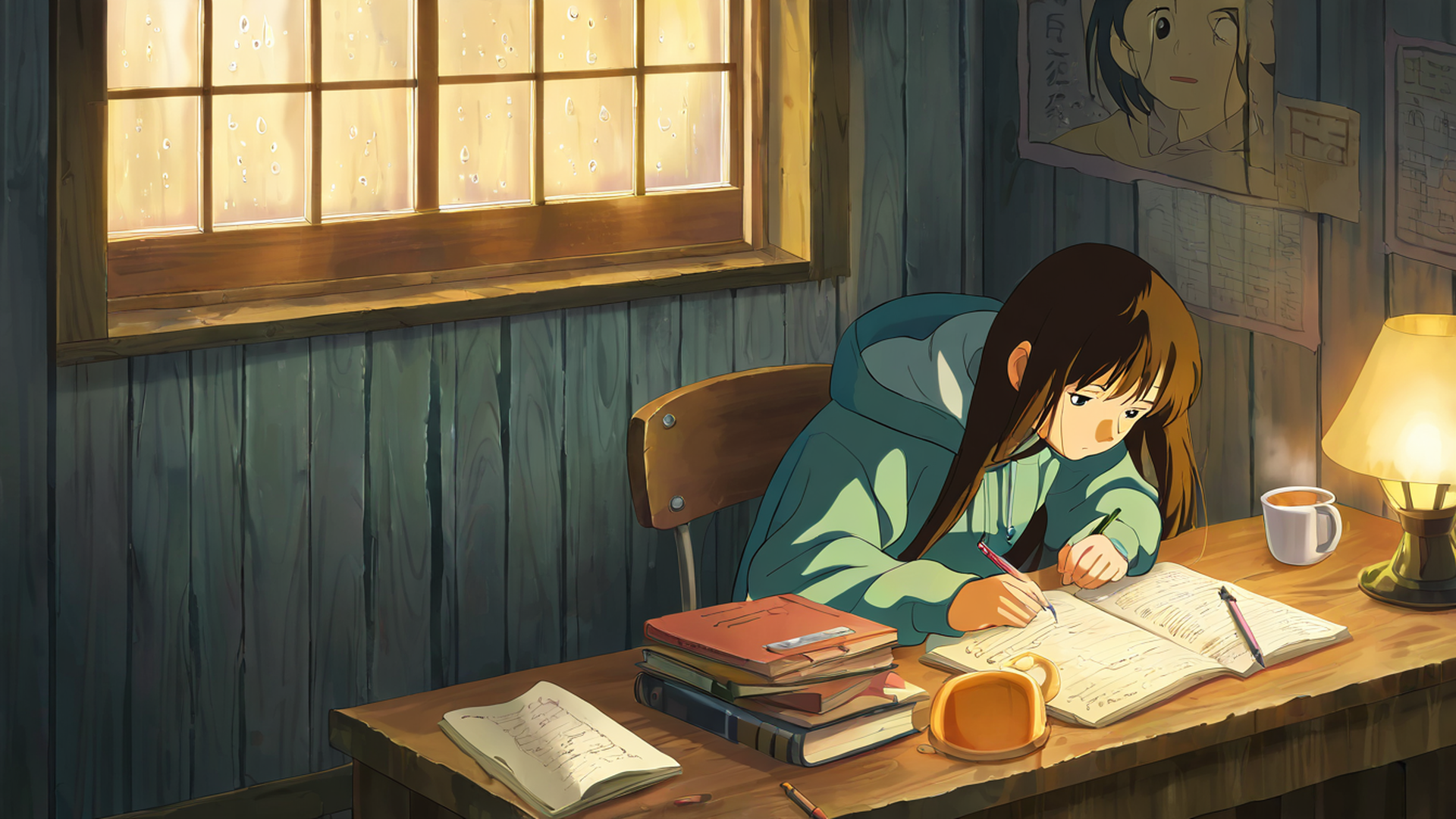 girl studying rainy window lofi wallpaper