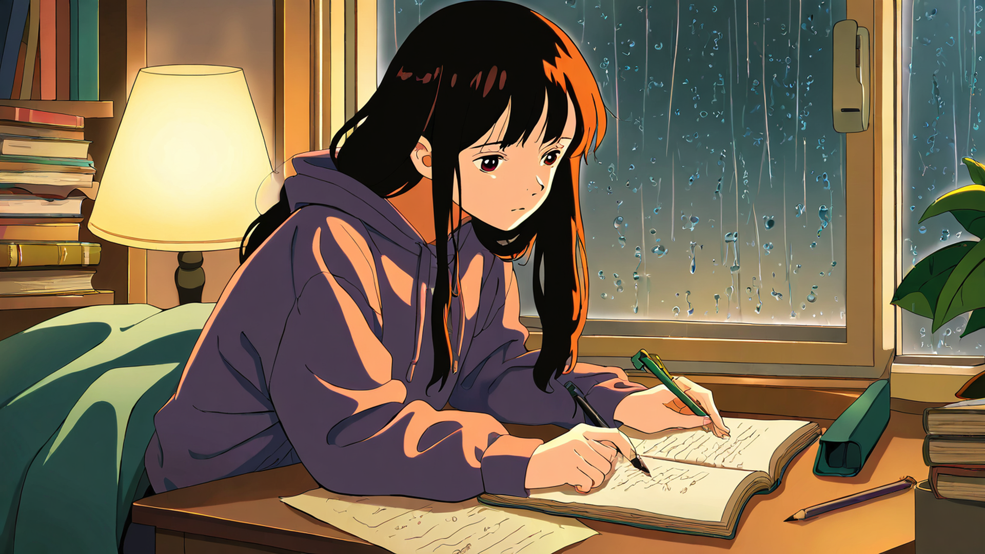 girl studying rainy window lofi wallpaper