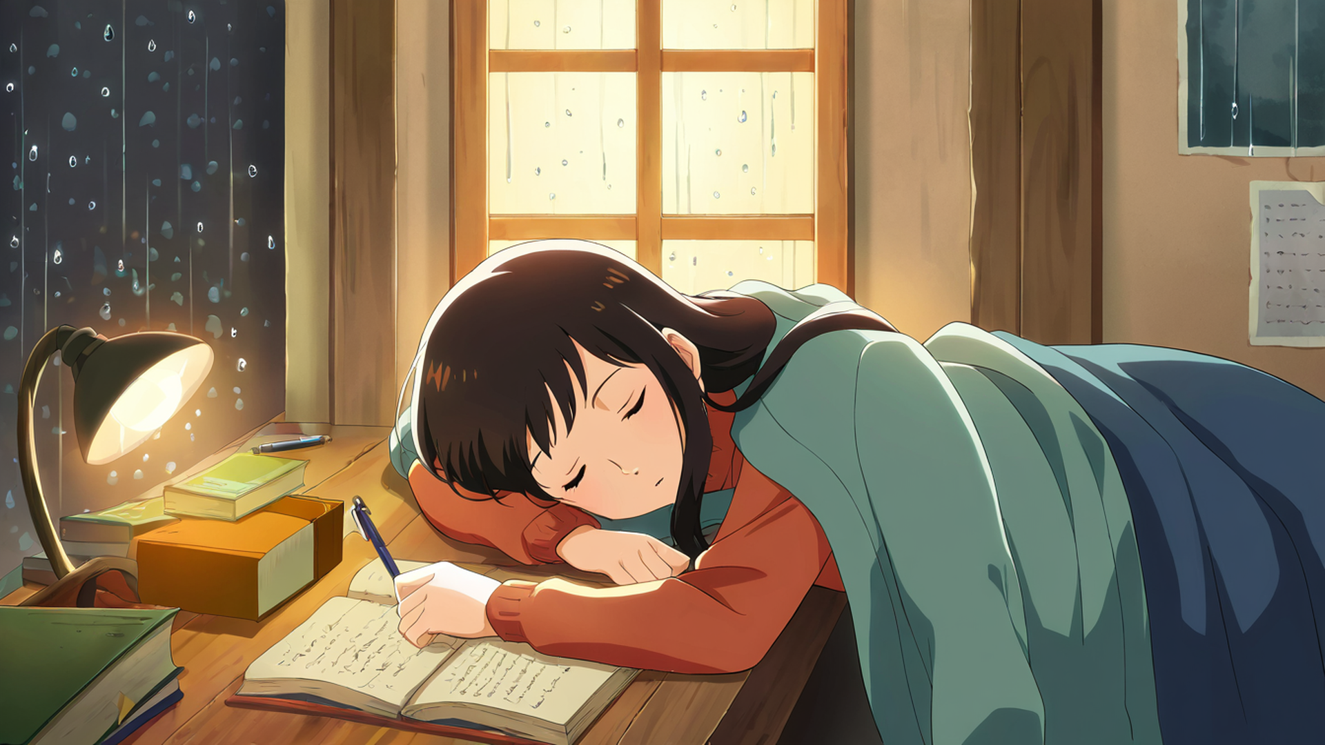 girl studying rainy window lofi wallpaper