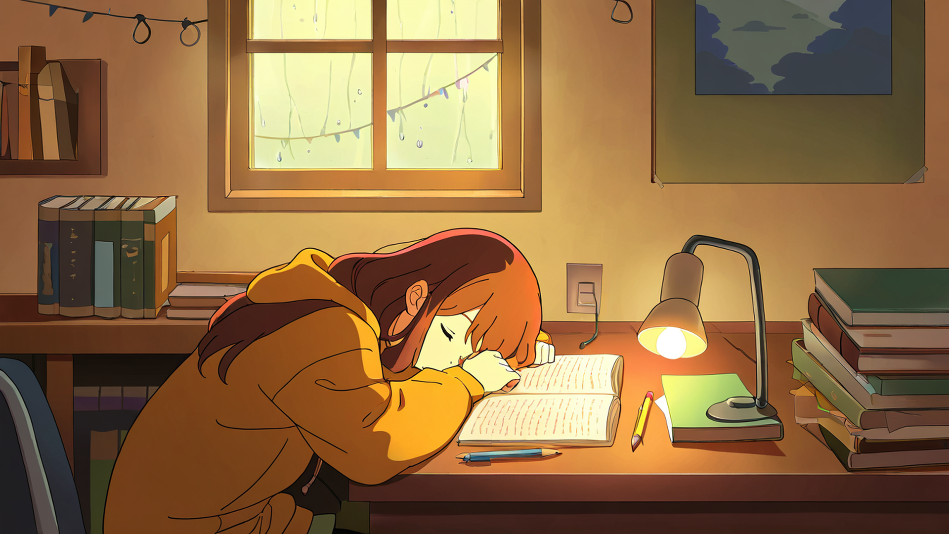 girl studying rainy window lofi wallpaper