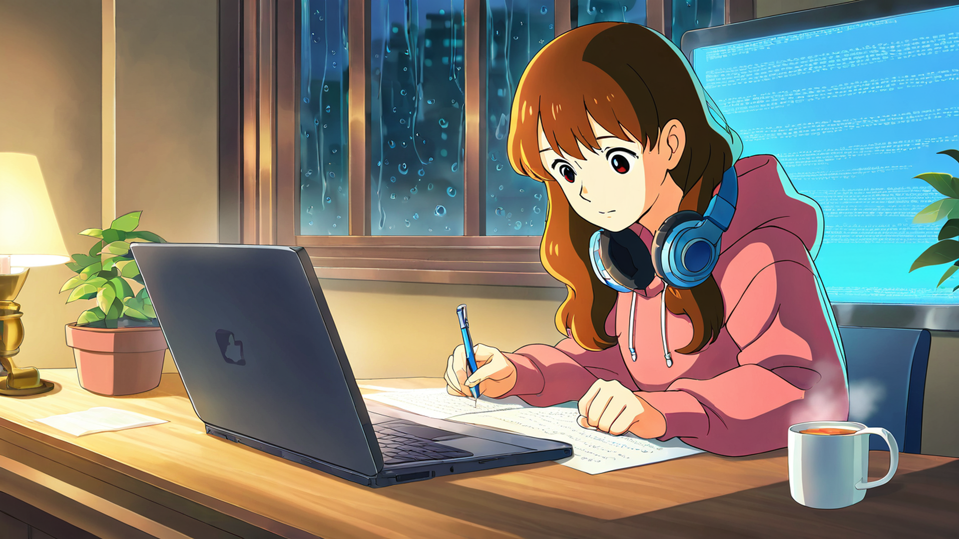 girl studying rainy window lofi wallpaper