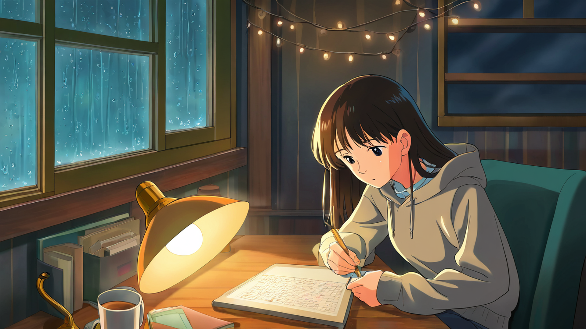 girl studying rainy window lofi wallpaper