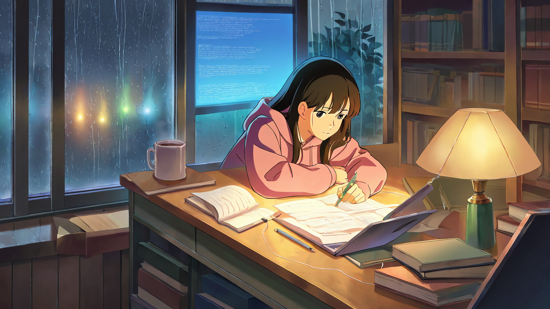 girl studying rainy window lofi wallpaper