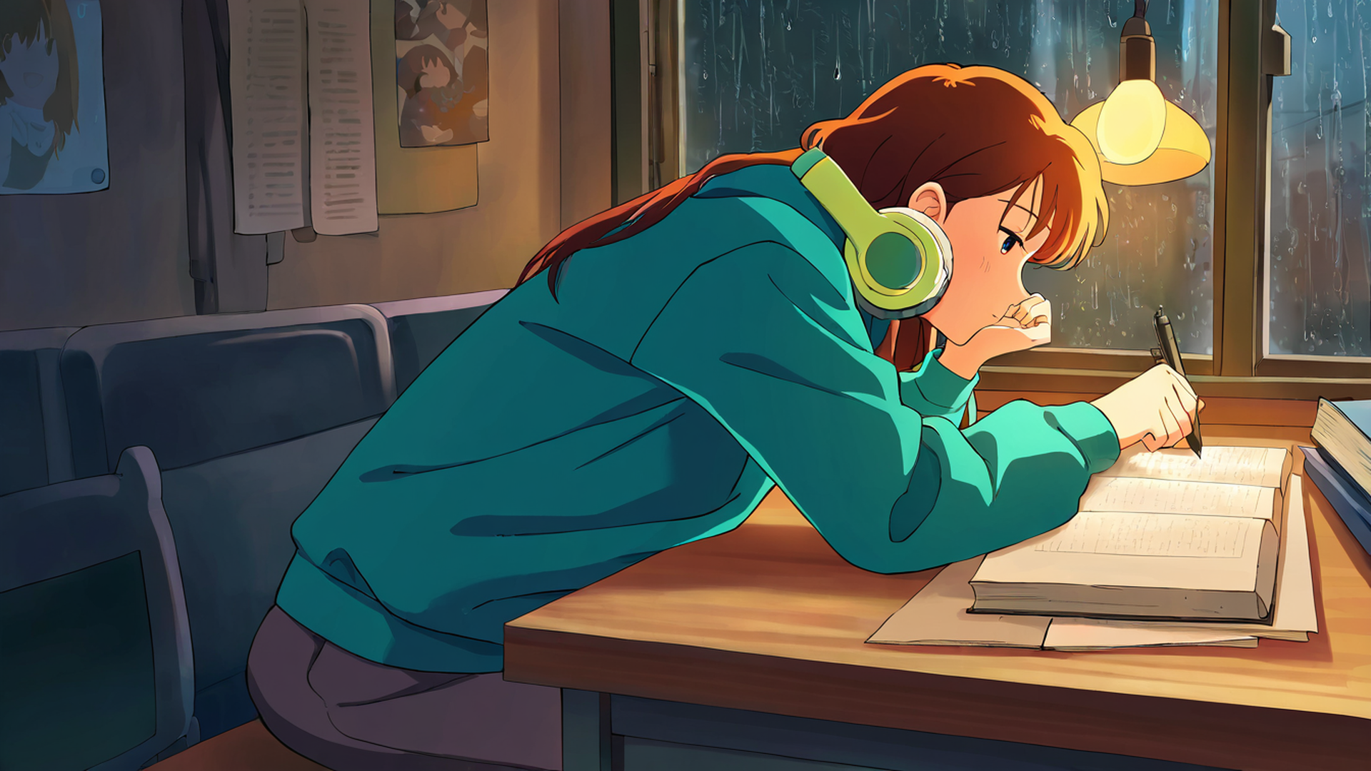 girl studying rainy window lofi wallpaper