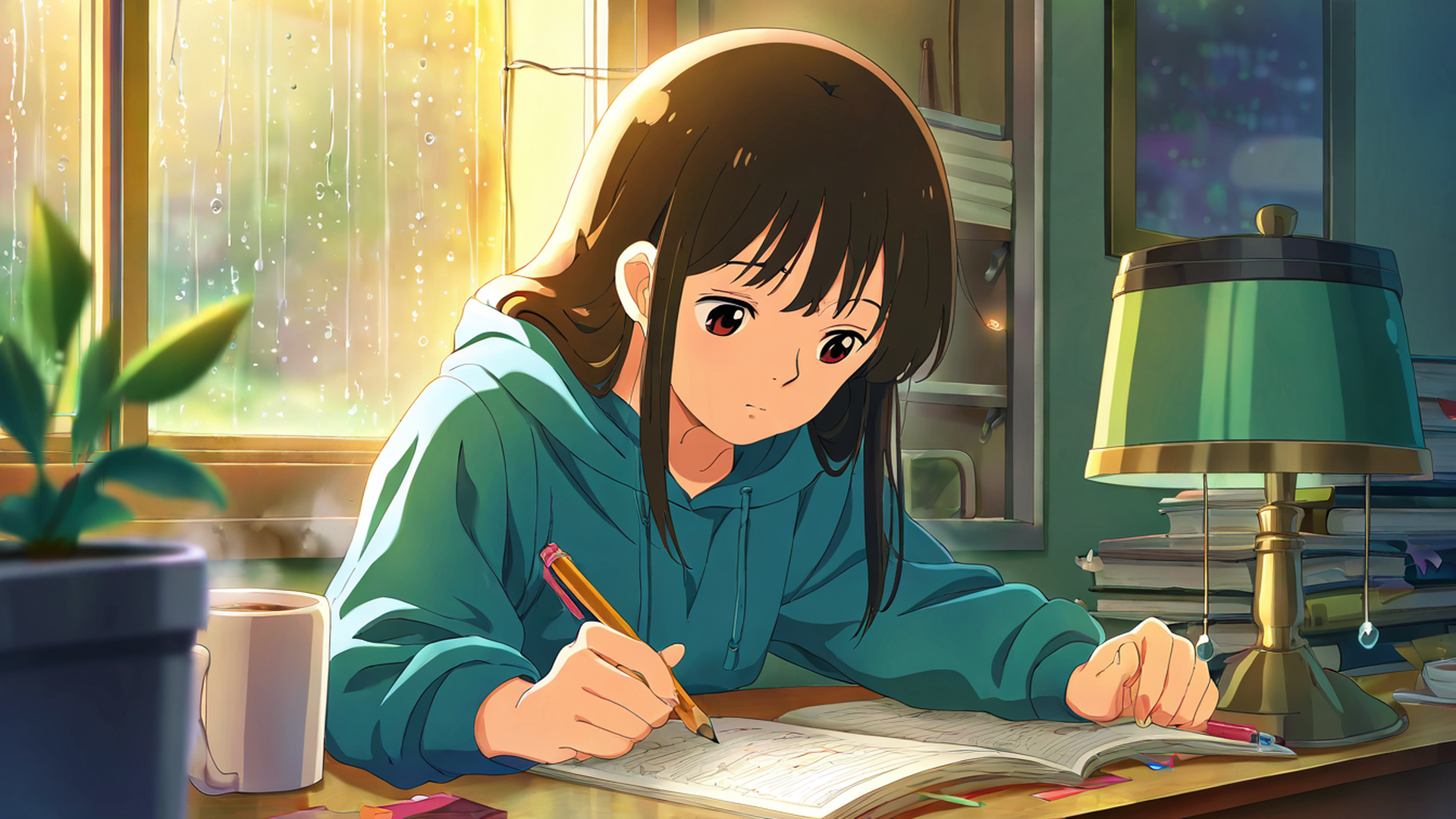girl studying rainy window lofi wallpaper