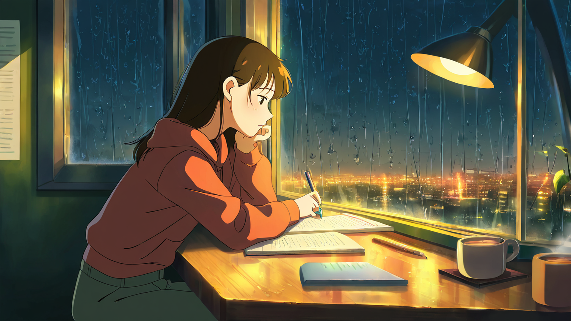 girl studying rainy window lofi wallpaper