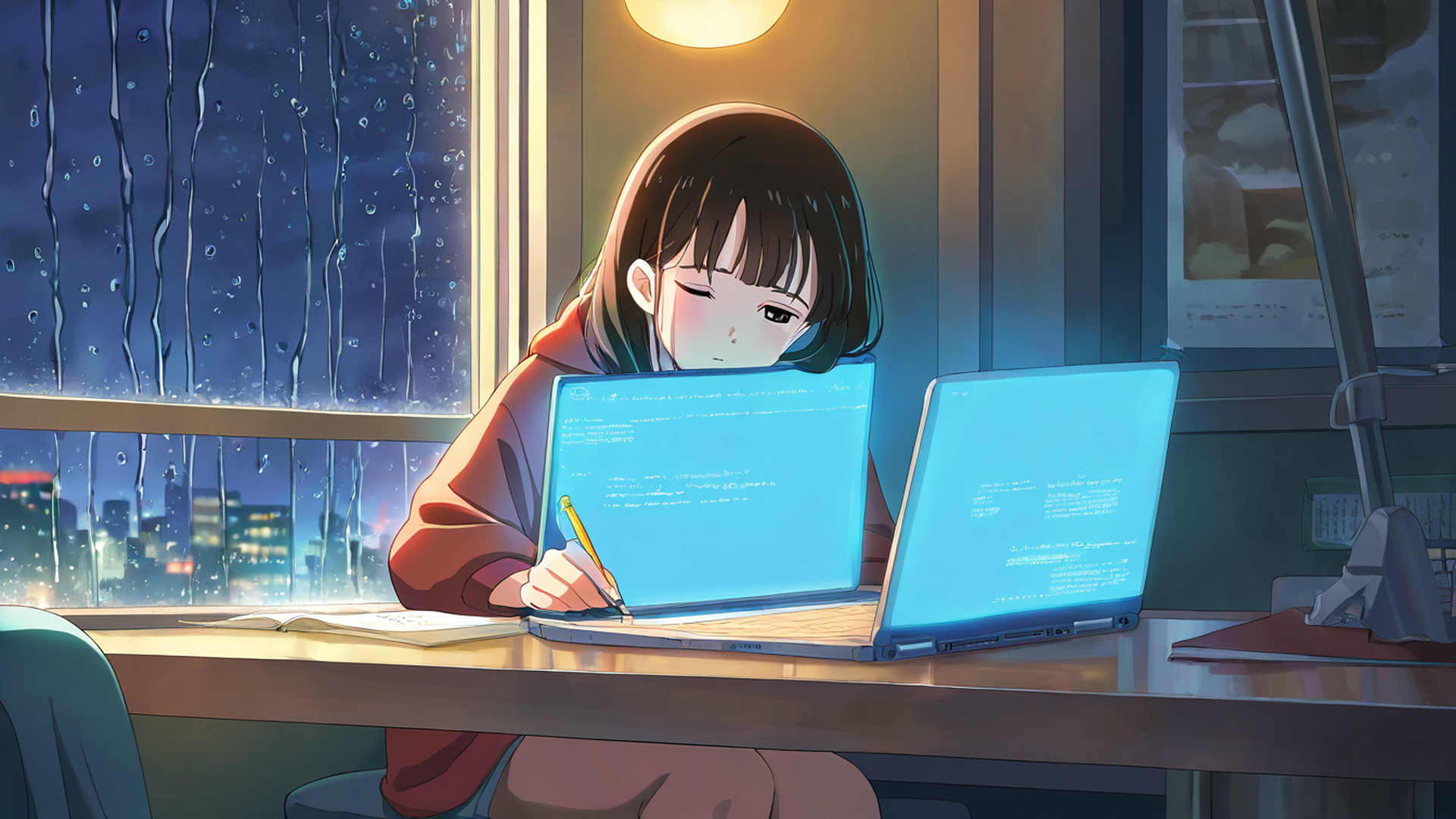 girl studying rainy window lofi wallpaper