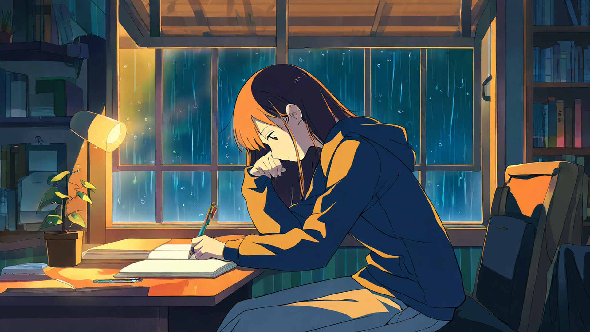 girl studying rainy window lofi wallpaper