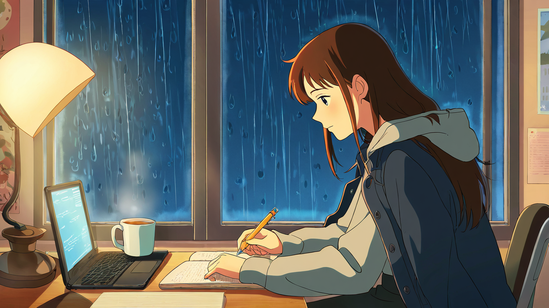 girl studying rainy window lofi wallpaper