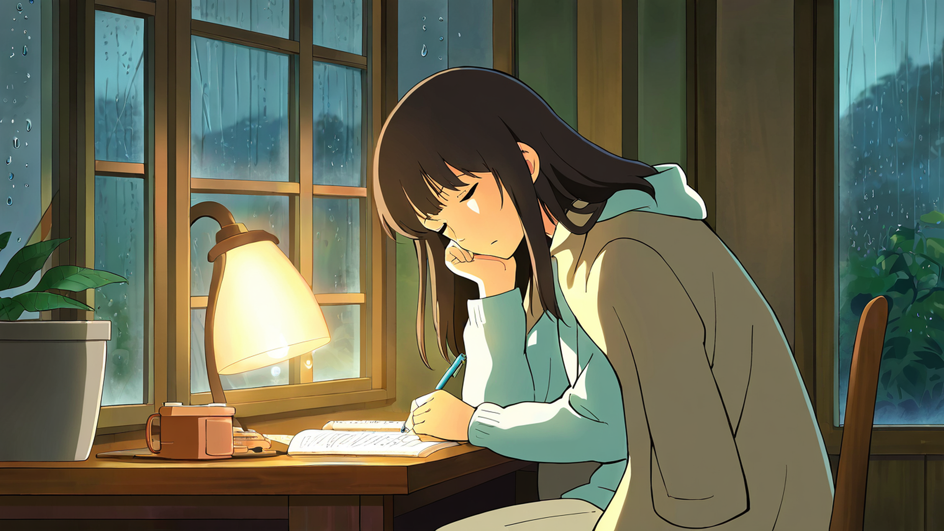 girl studying rainy window lofi wallpaper