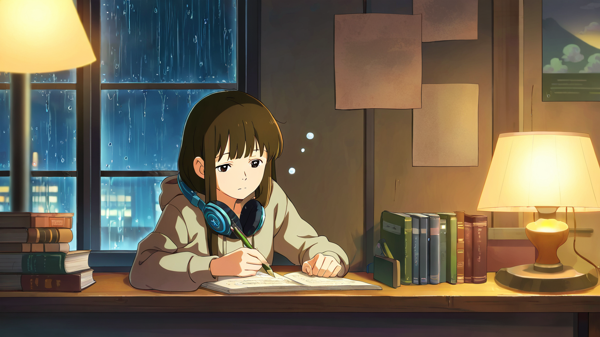 girl studying rainy window lofi wallpaper