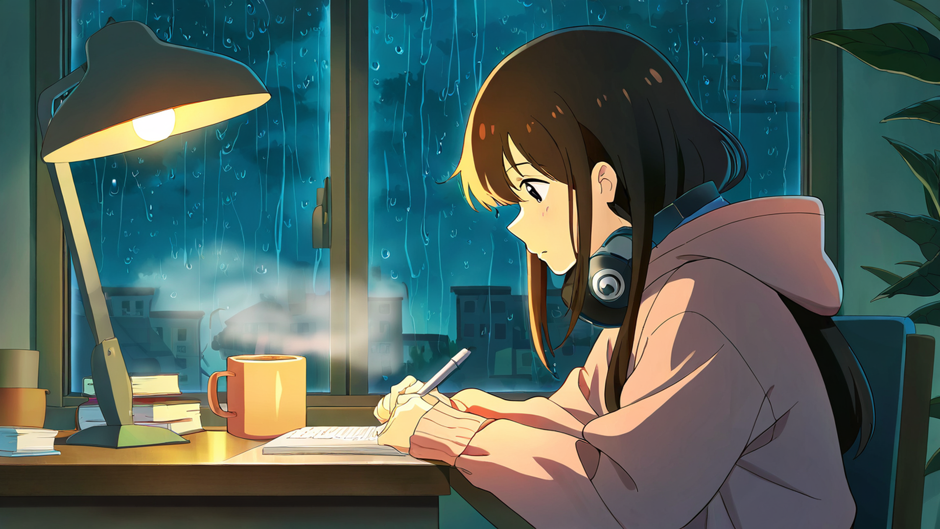 girl studying rainy window lofi wallpaper