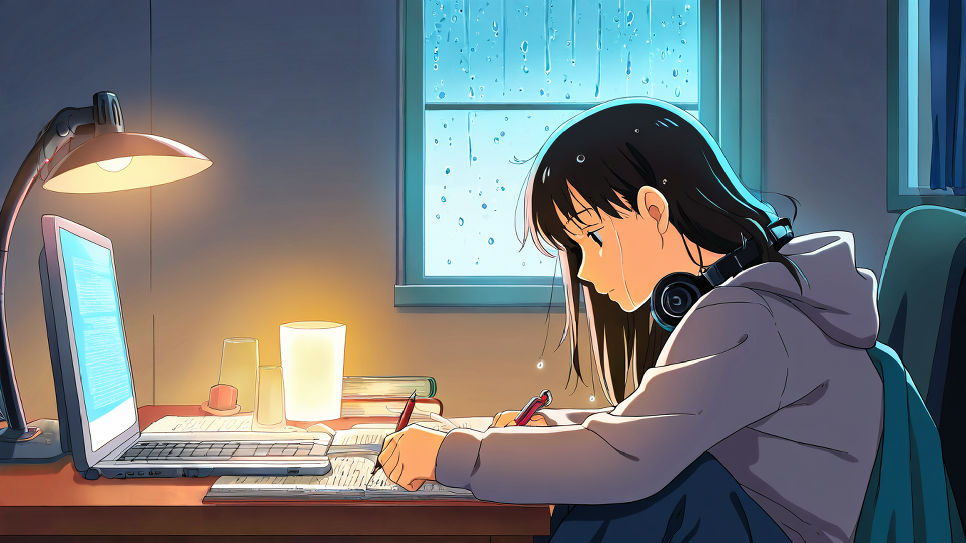 Girl Studying Rainy Window Girl Studying Rainy Window 0865600853 lofi anime wallpaper free download