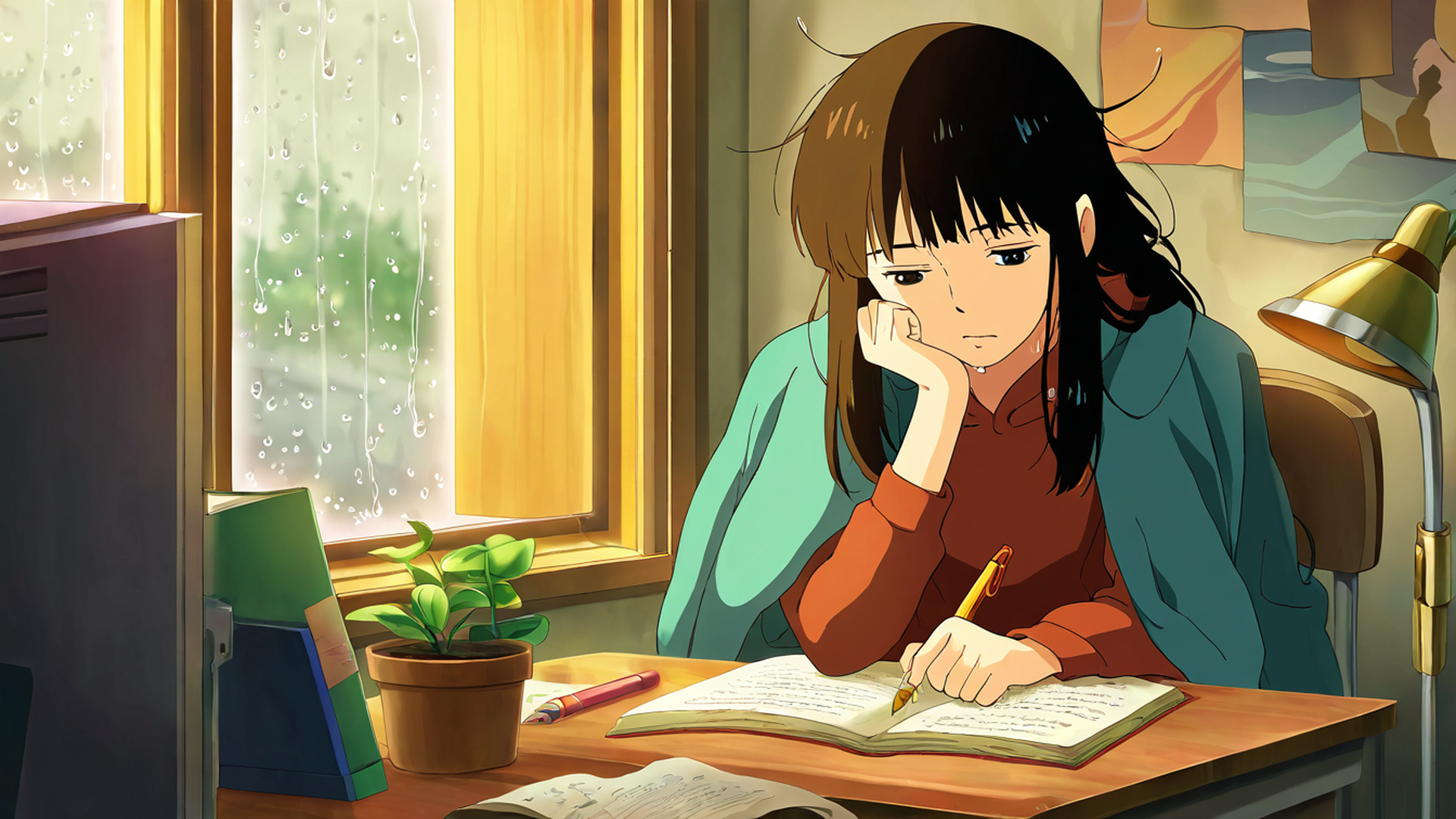 Girl Studying Rainy Window Girl Studying Rainy Window 0869839668 lofi anime wallpaper free download