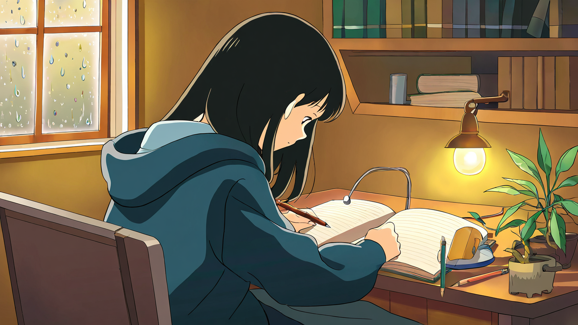 girl studying rainy window lofi wallpaper