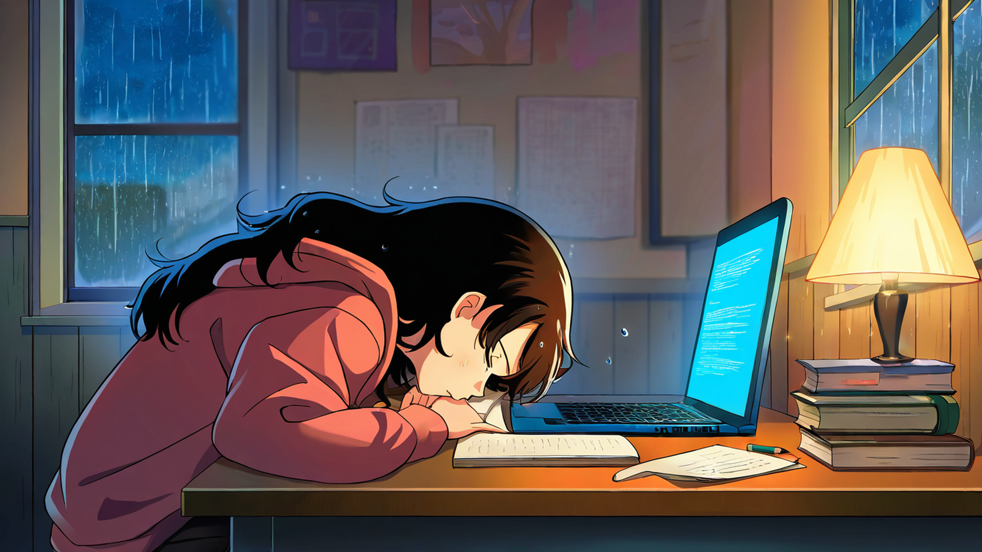 girl studying rainy window lofi wallpaper