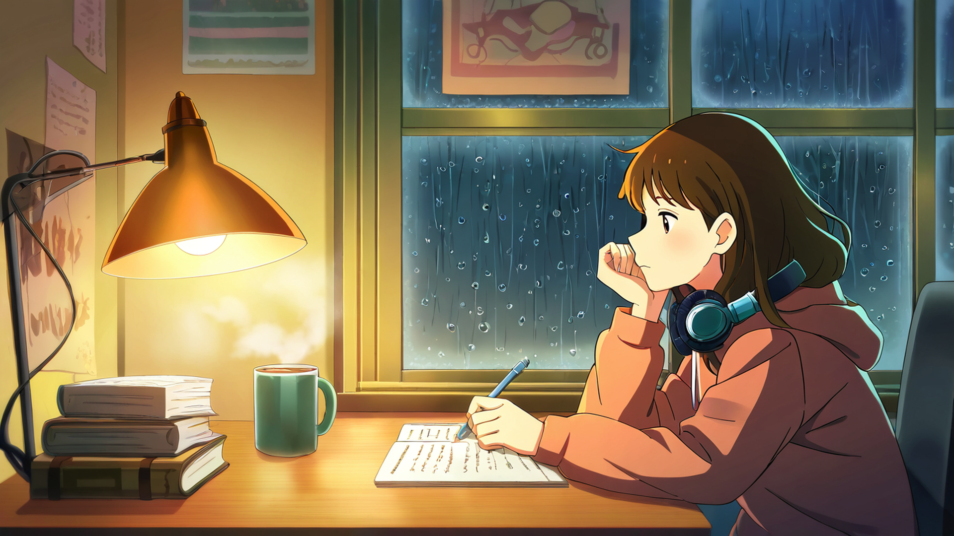 girl studying rainy window lofi wallpaper
