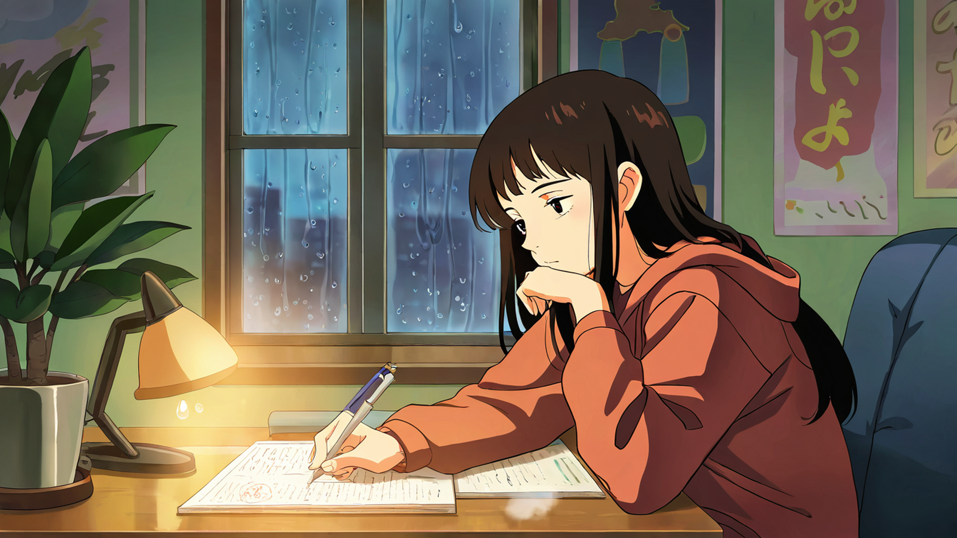 girl studying rainy window lofi wallpaper