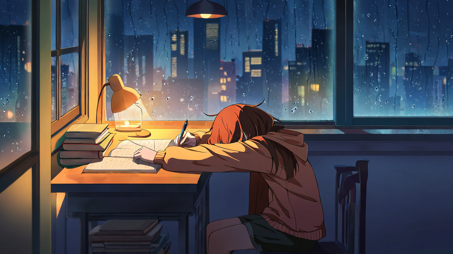 girl studying rainy window lofi wallpaper