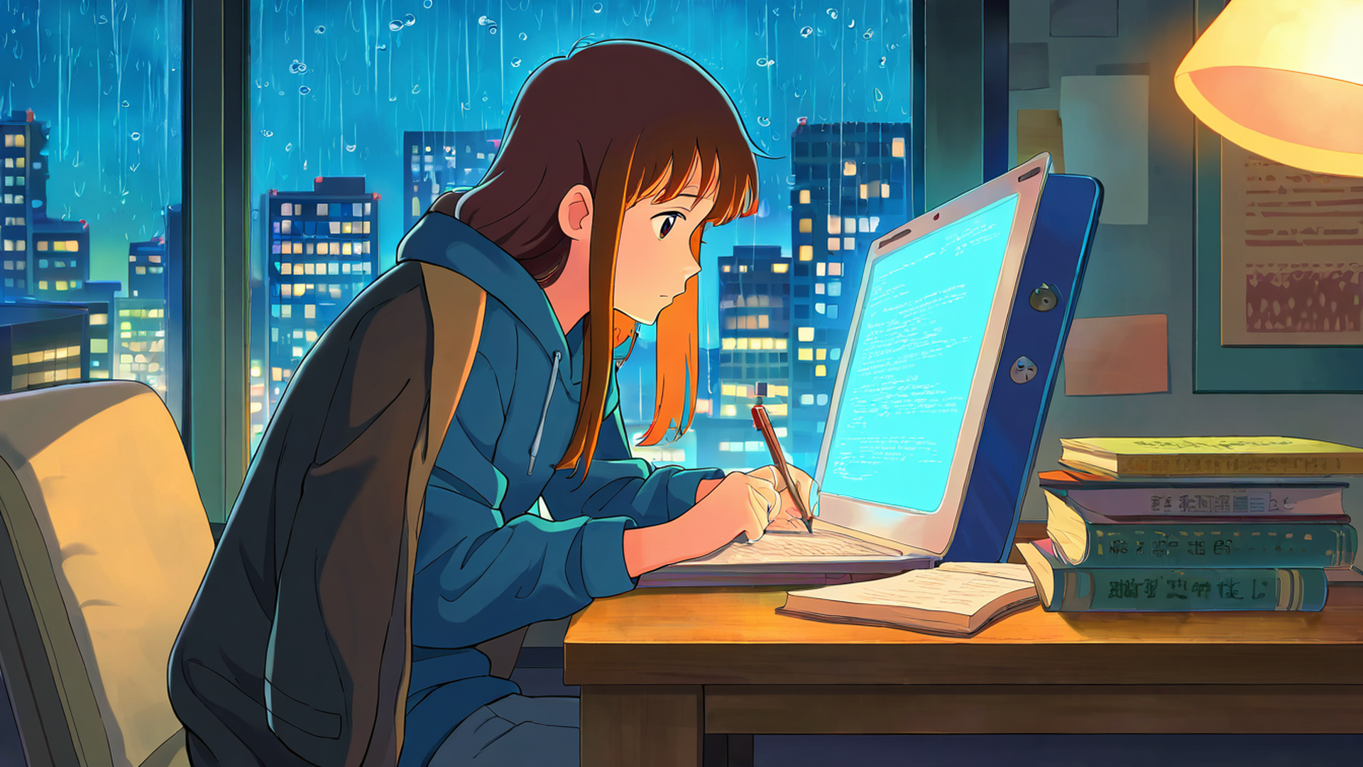 girl studying rainy window lofi wallpaper