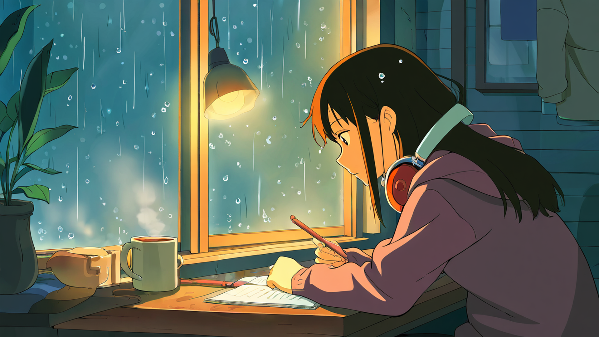 Girl Studying Rainy Window Girl Studying Rainy Window 1004492869 lofi anime wallpaper free download