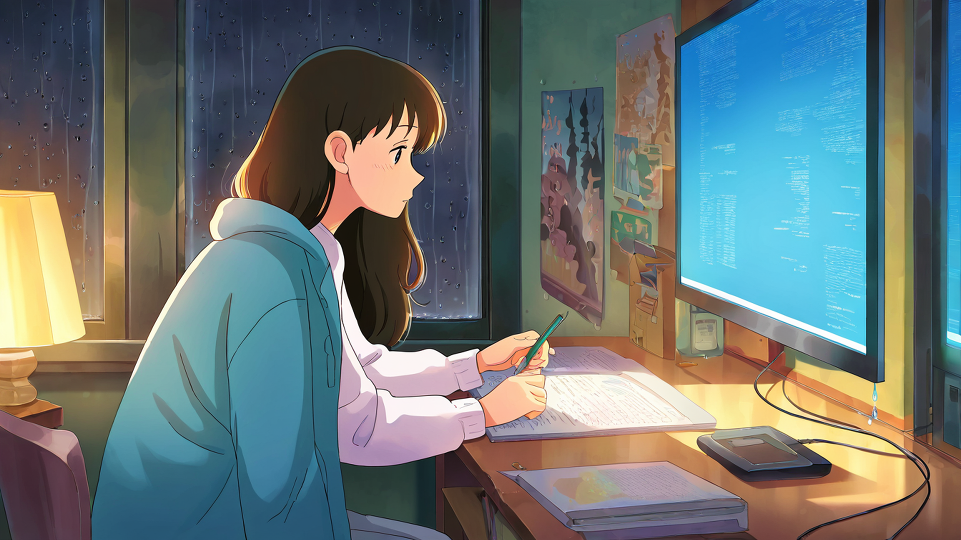 Girl Studying Rainy Window Girl Studying Rainy Window 1004772386 lofi anime wallpaper free download