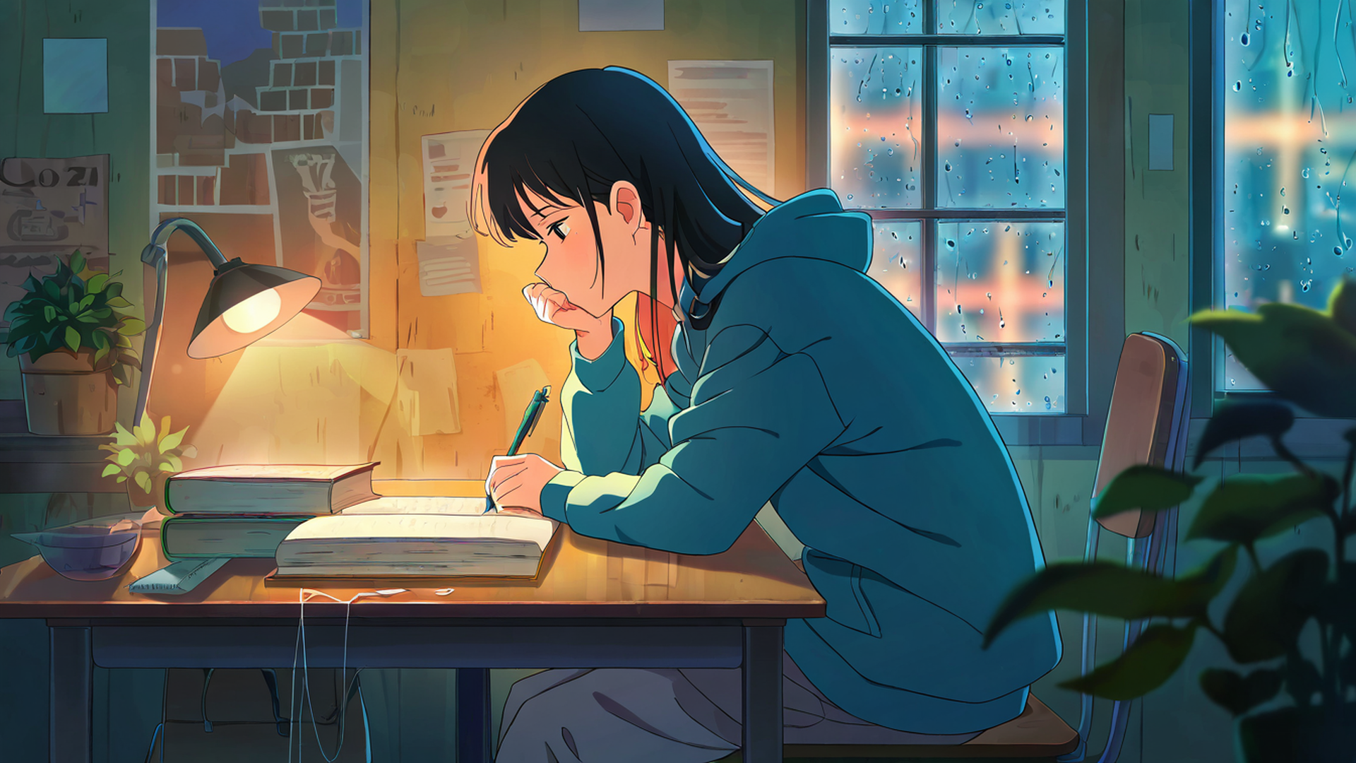 girl studying rainy window lofi wallpaper