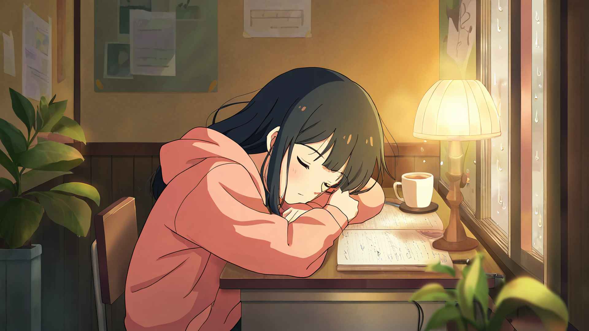 girl studying rainy window lofi wallpaper