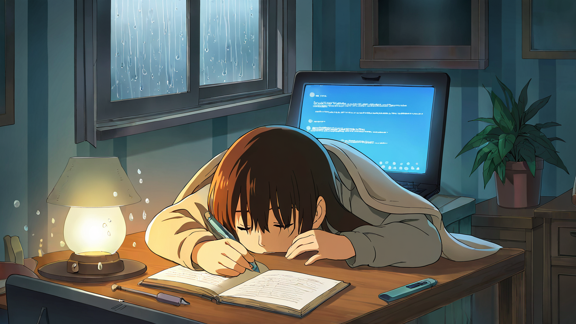girl studying rainy window lofi wallpaper