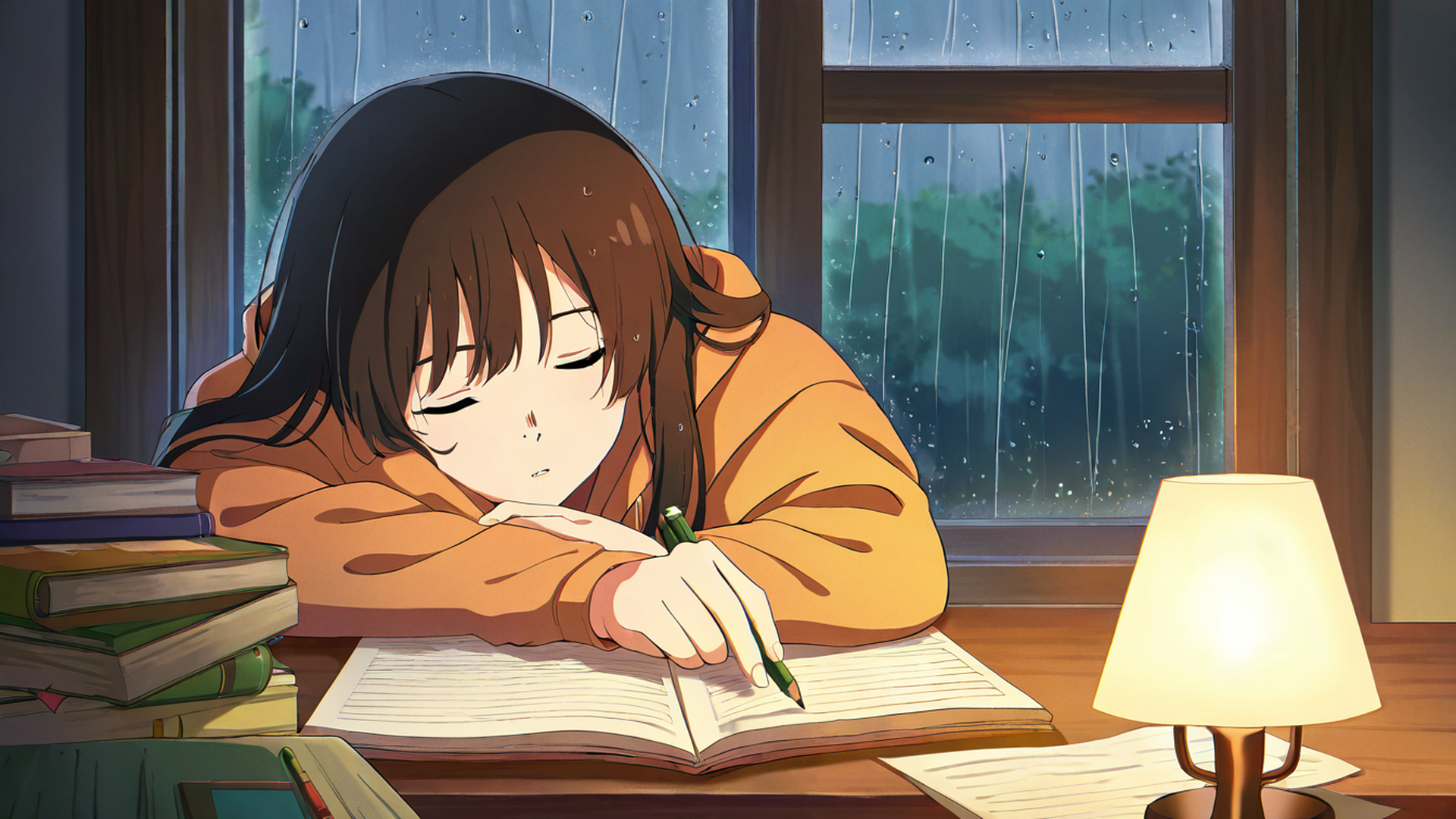 Girl Studying Rainy Window Girl Studying Rainy Window 1061606049 lofi anime wallpaper free download