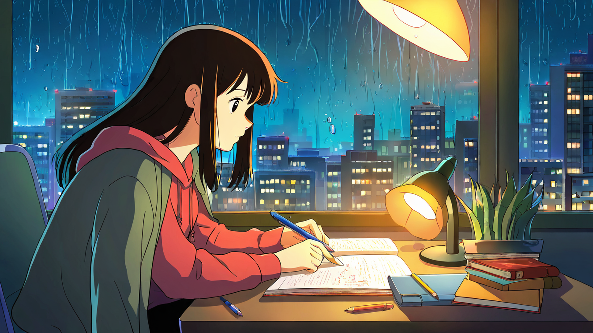 girl studying rainy window lofi wallpaper