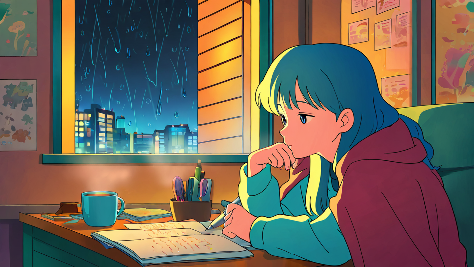 Girl Studying Rainy Window Girl Studying Rainy Window 1108638366 lofi anime wallpaper free download