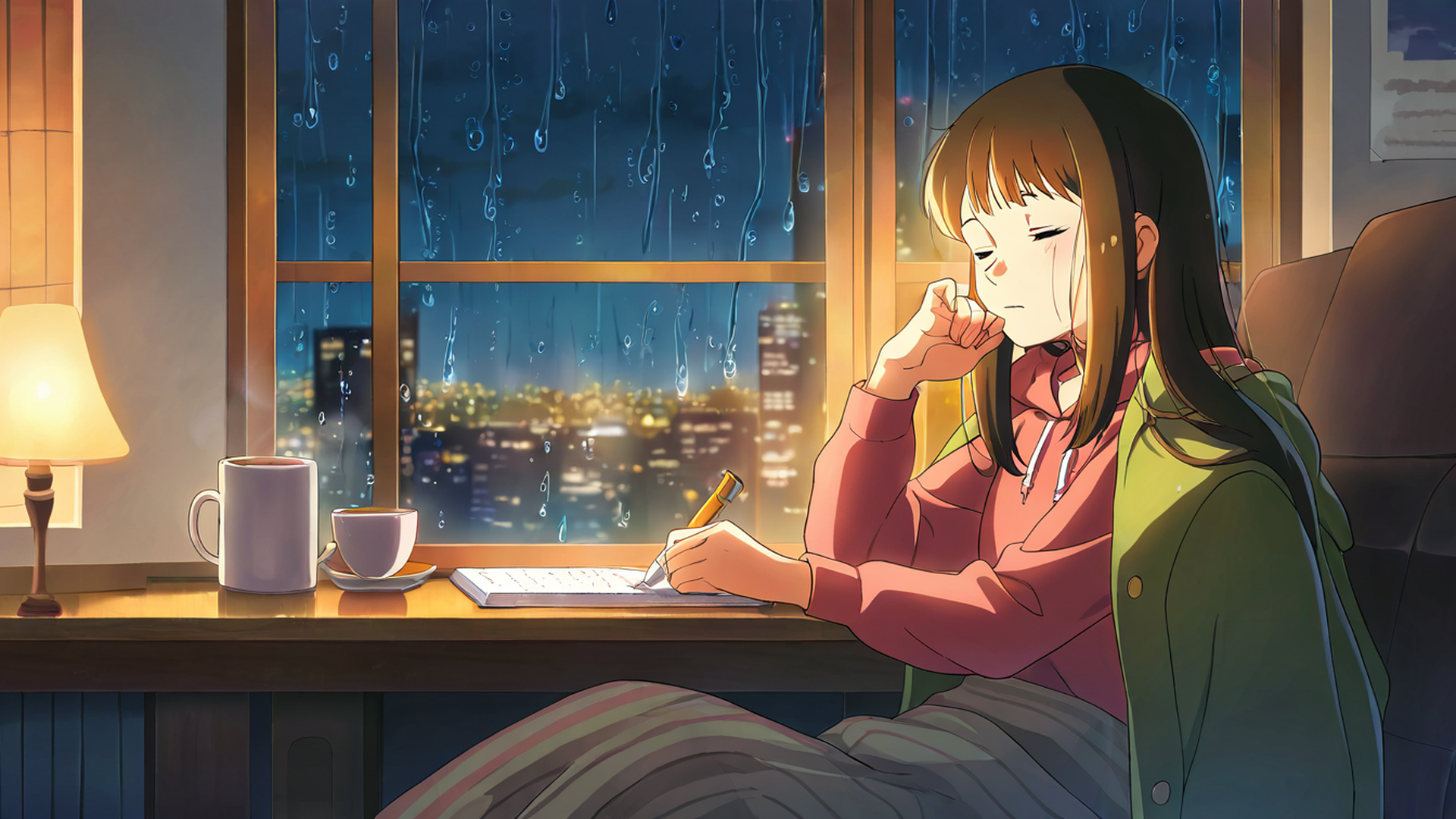 girl studying rainy window lofi wallpaper