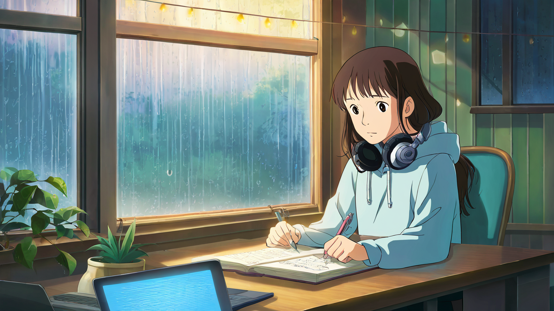 girl studying rainy window lofi wallpaper