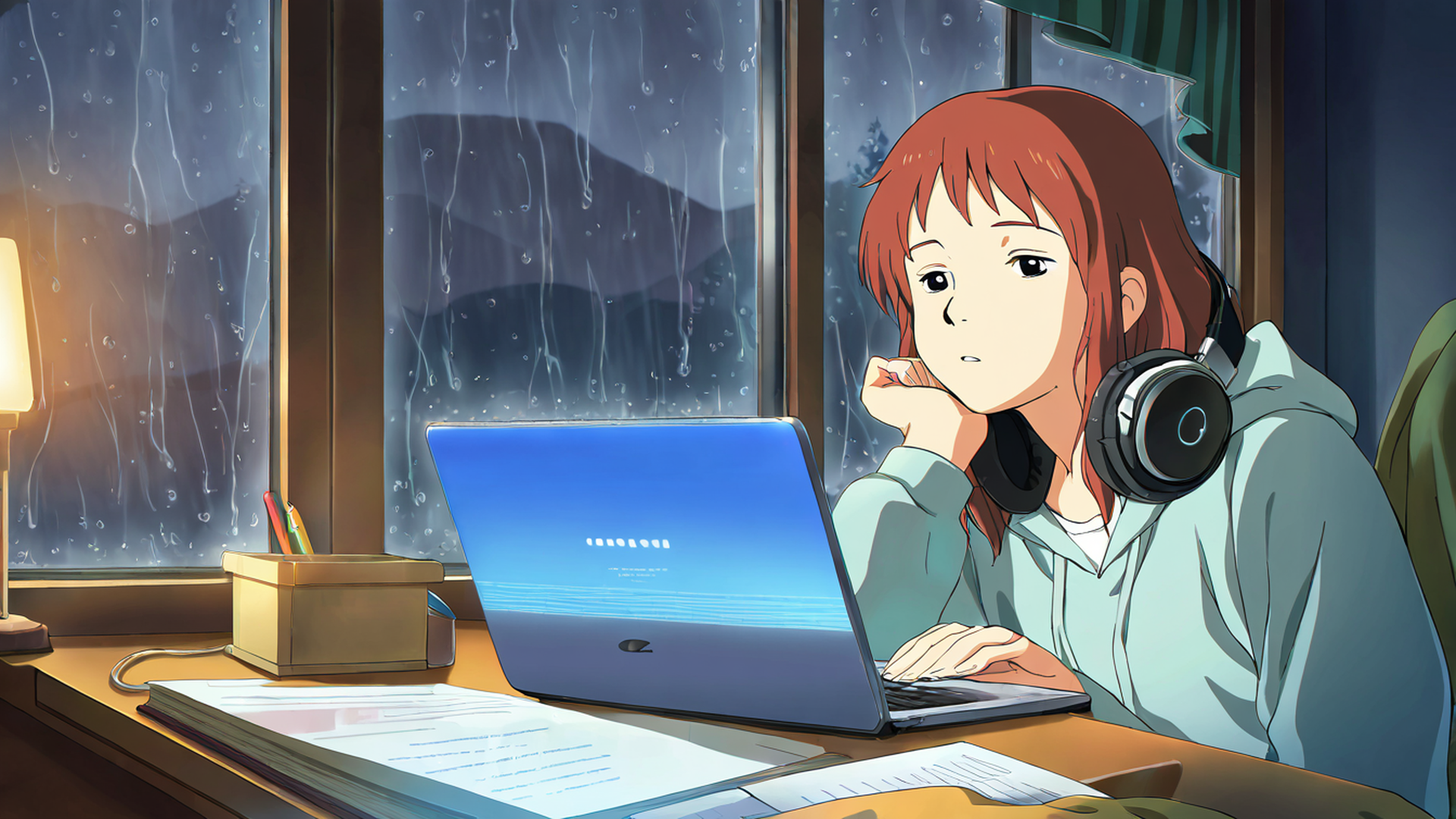 girl studying rainy window lofi wallpaper
