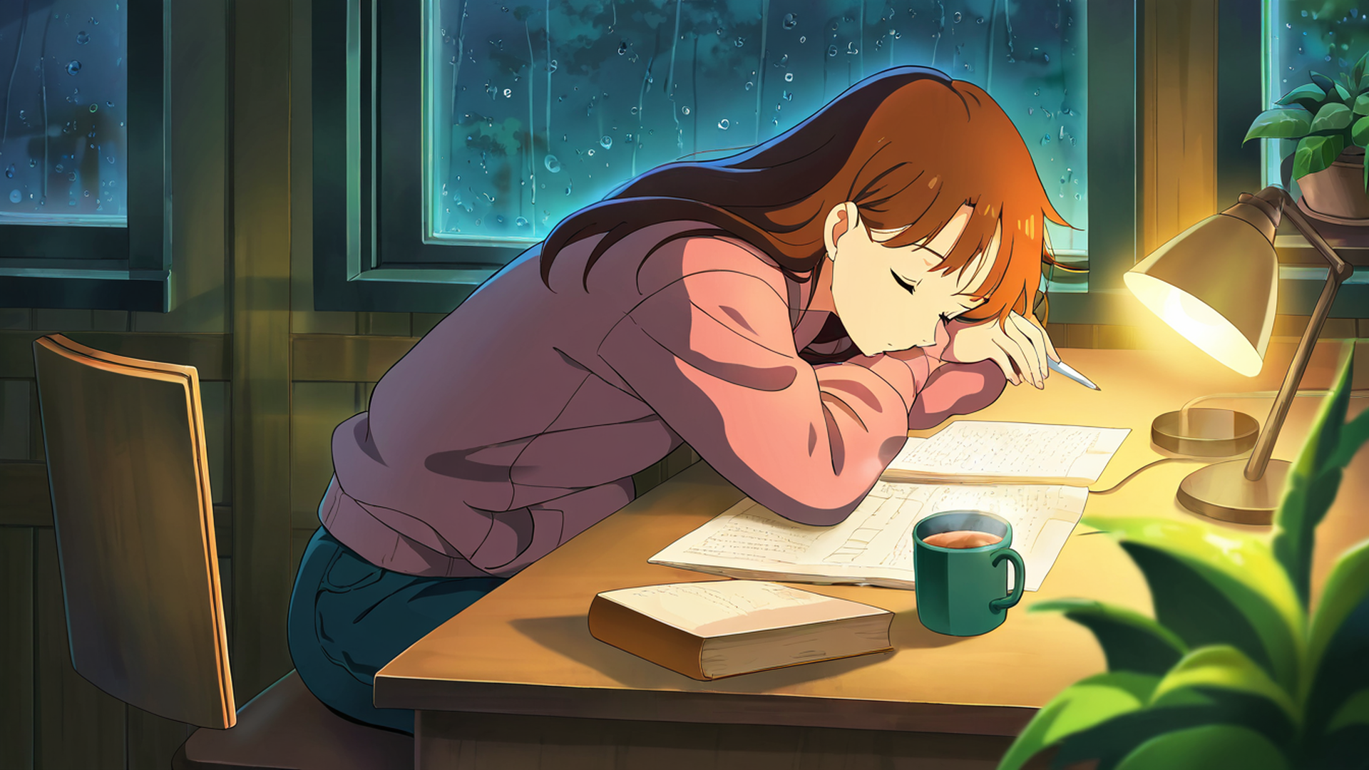 girl studying rainy window lofi wallpaper