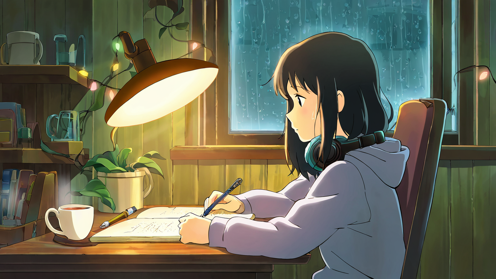 girl studying rainy window lofi wallpaper