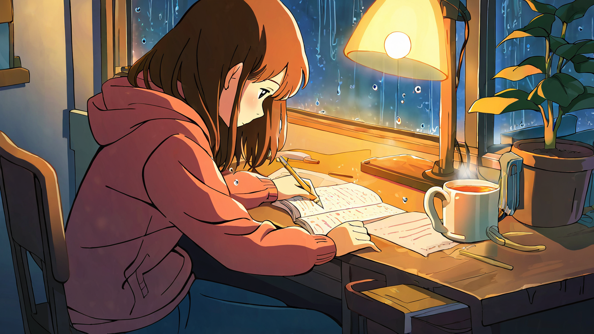 girl studying rainy window lofi wallpaper