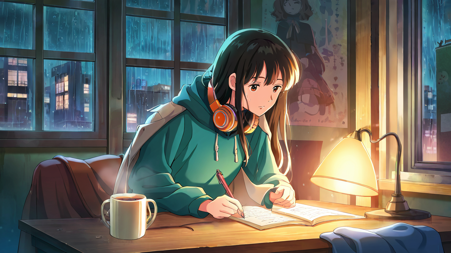 girl studying rainy window lofi wallpaper