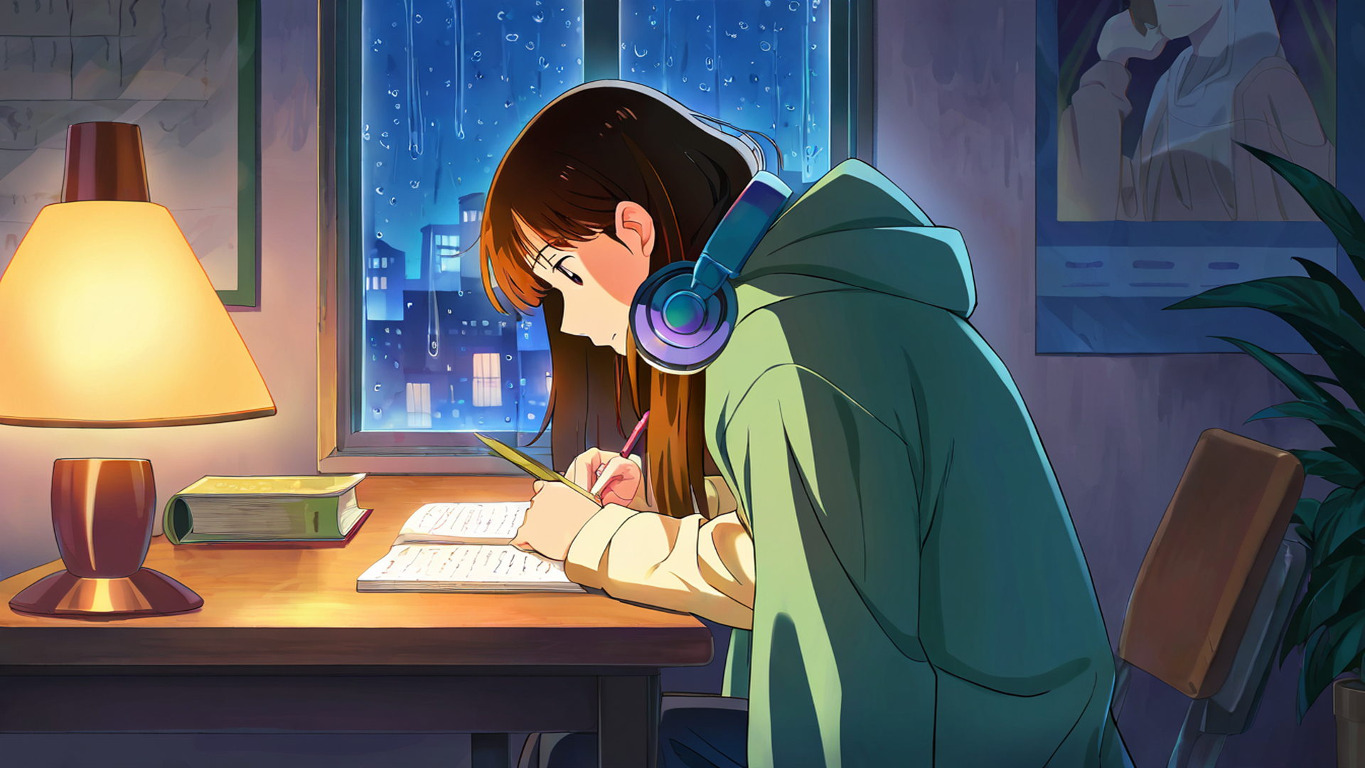 girl studying rainy window lofi wallpaper