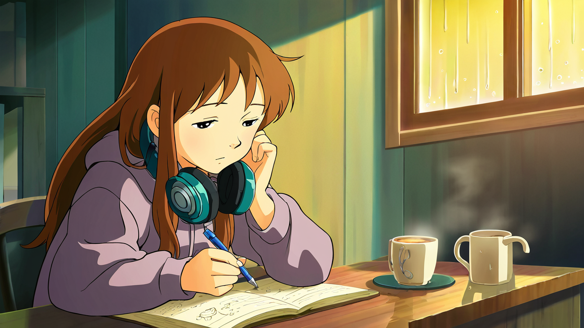 girl studying rainy window lofi wallpaper