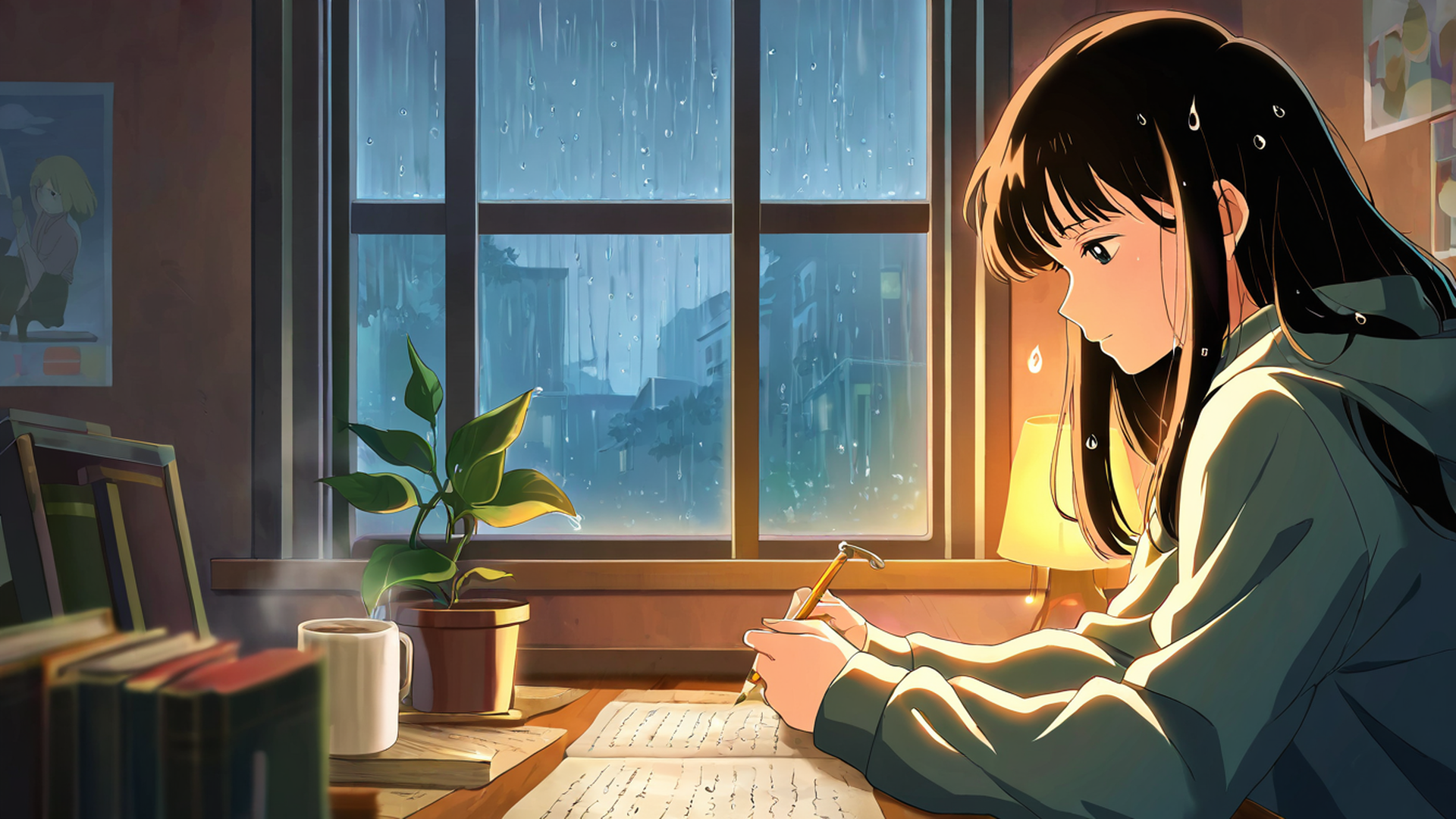 girl studying rainy window lofi wallpaper