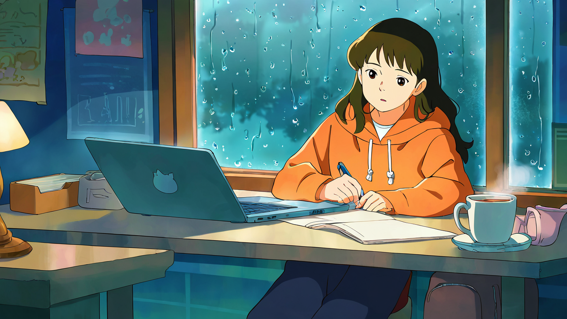 girl studying rainy window lofi wallpaper