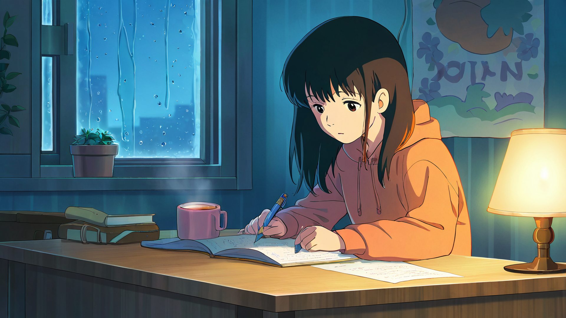 girl studying rainy window lofi wallpaper