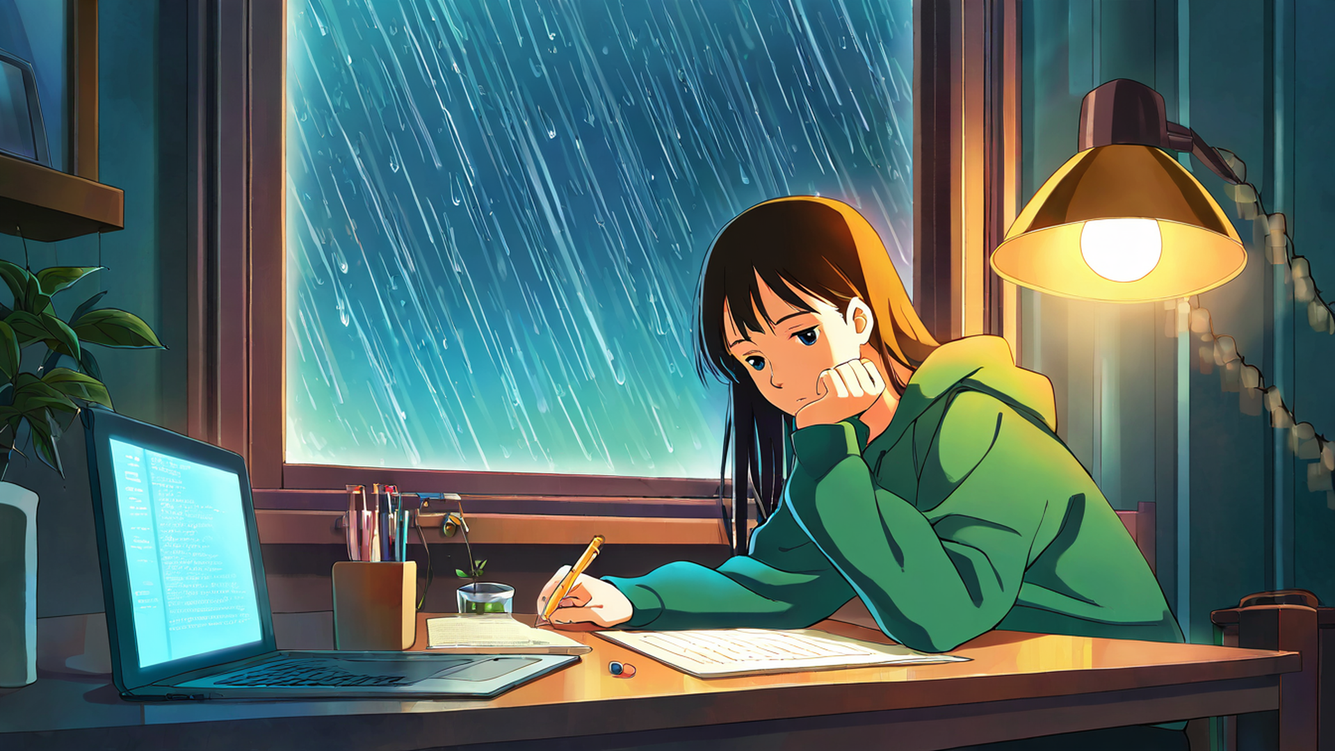 girl studying rainy window lofi wallpaper