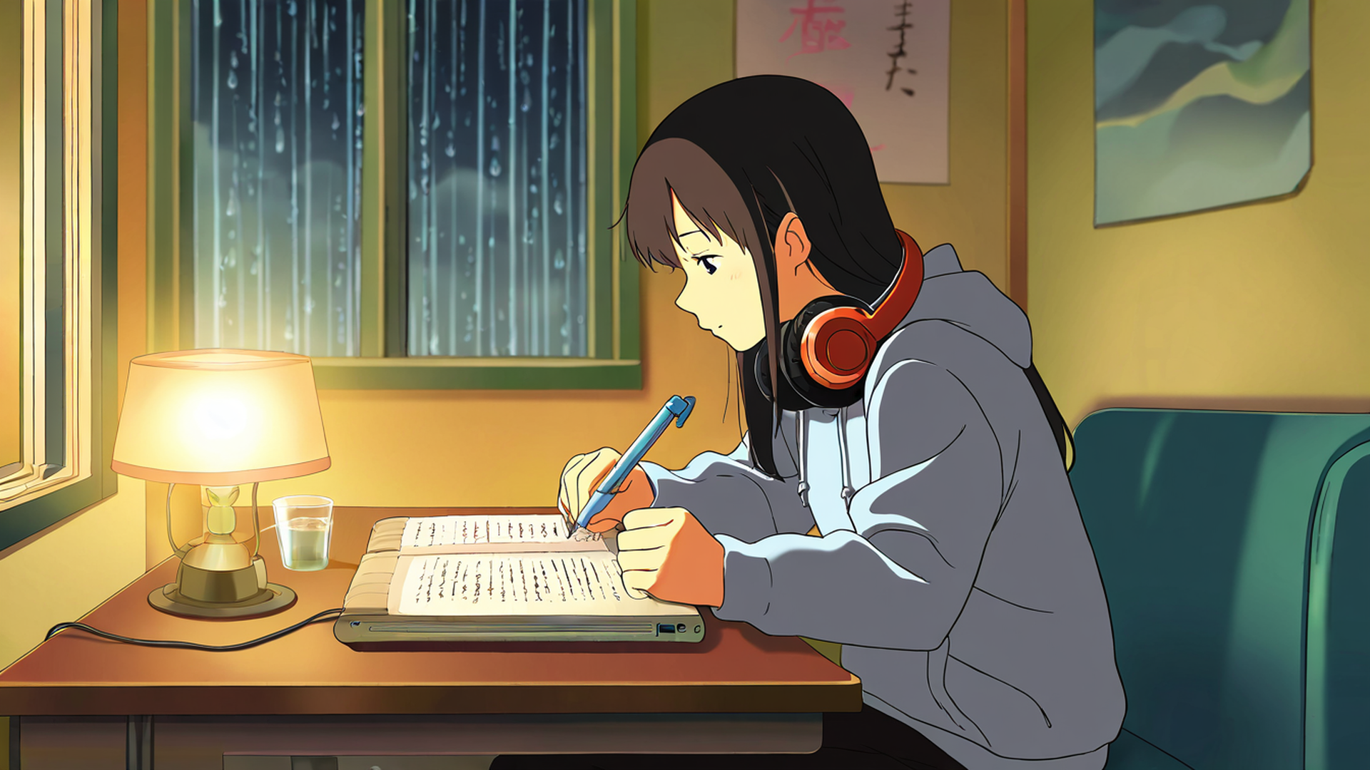 girl studying rainy window lofi wallpaper