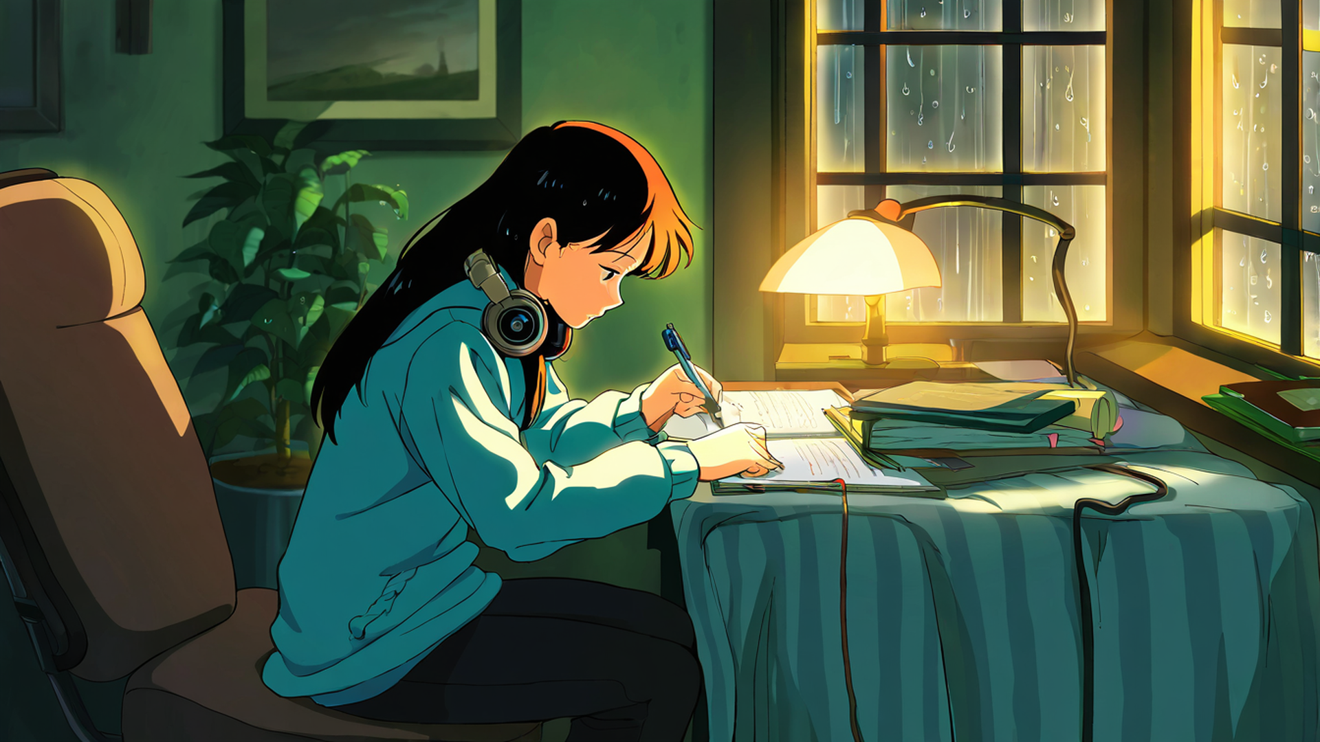 girl studying rainy window lofi wallpaper