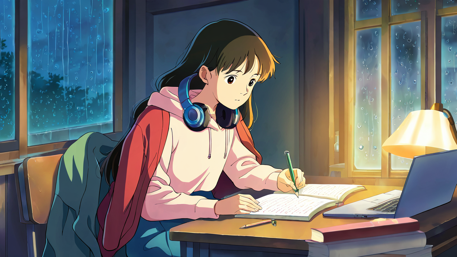 Girl Studying Rainy Window Girl Studying Rainy Window 1340533391 lofi anime wallpaper free download