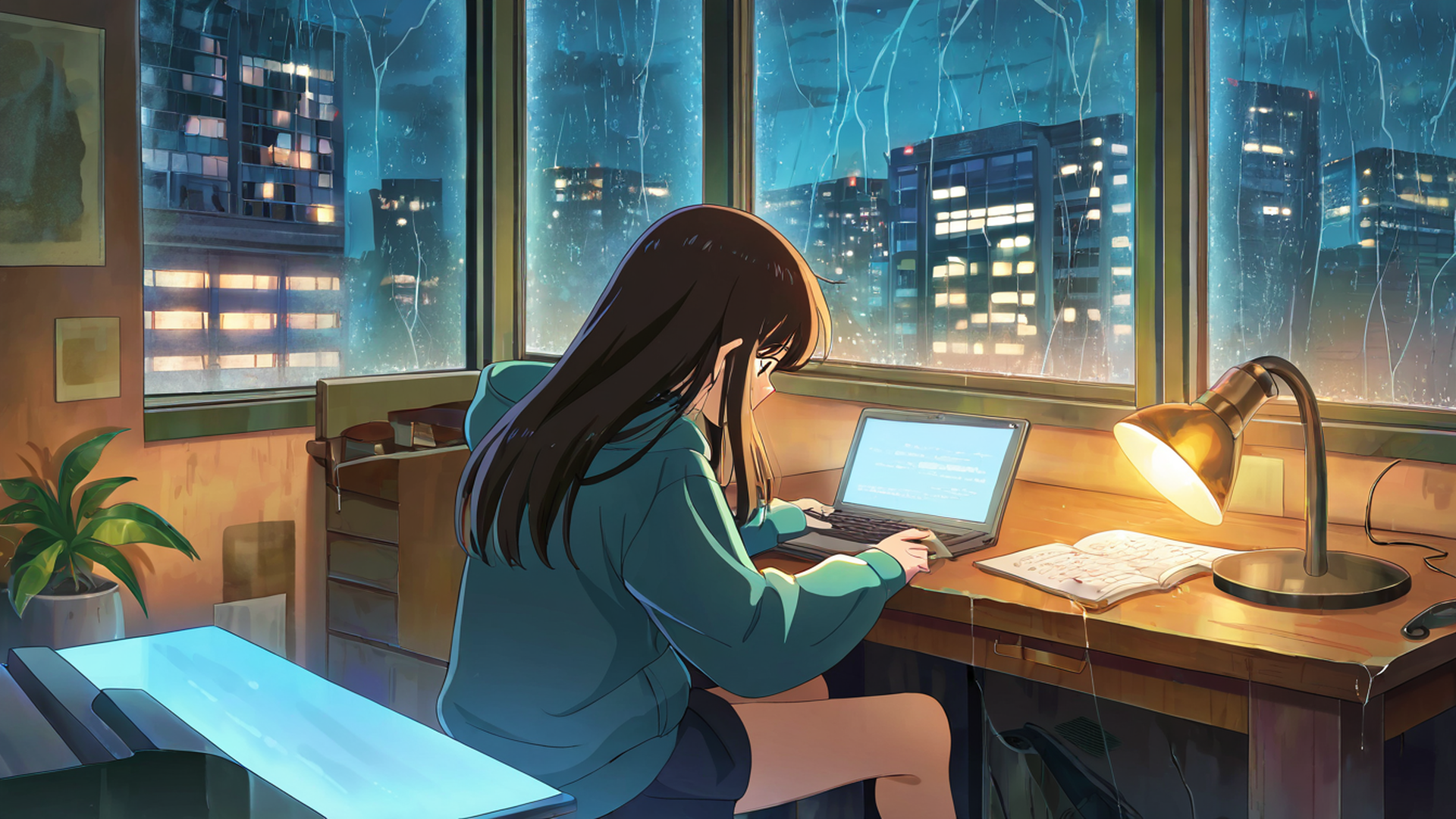 girl studying rainy window lofi wallpaper