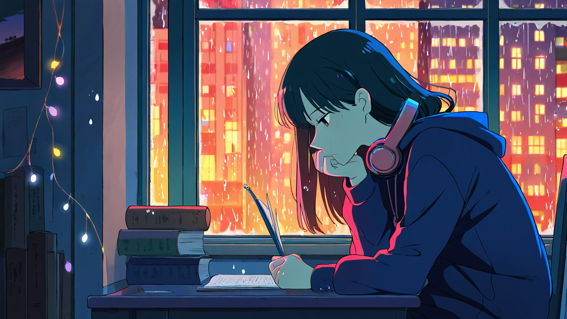 girl studying rainy window lofi wallpaper
